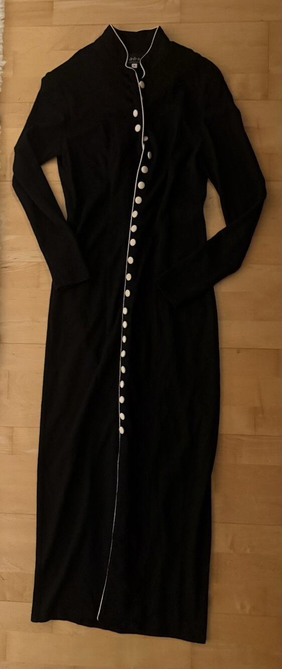 VTG ABS wool black manderian collar white buttons maxi dress Long Sleeve 8